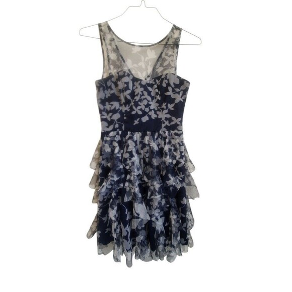 TEEZE ME Dress Women 7 Navy Sleeveless Formal Layered Ruffle Mesh Midi Party - Picture 1 of 8